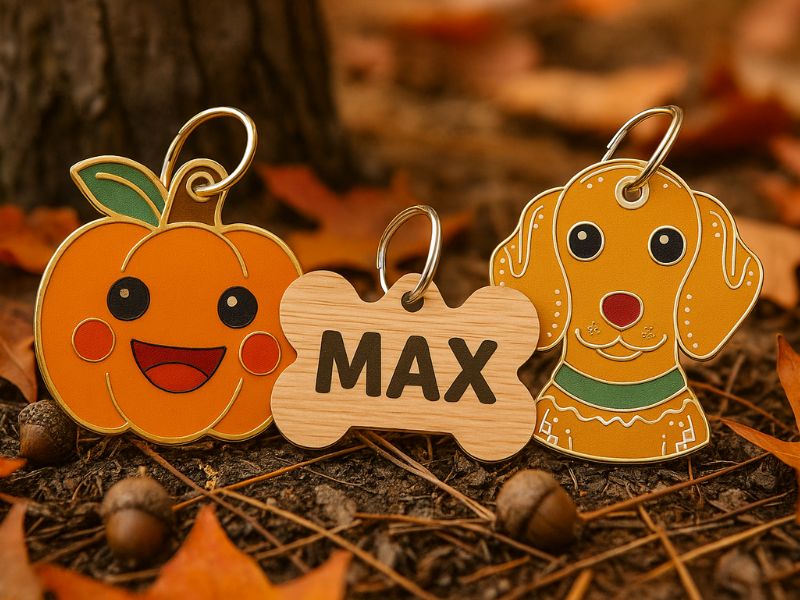 Wooden bone-shaped dog tag, 38mm x 25mm, FSC-certified wood, with a silver ring, customisable with personalised dog name.